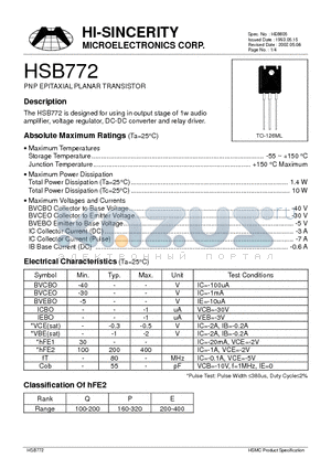 HSB772 datasheet - PNP EPITAXIAL PLANAR TRANSISTOR