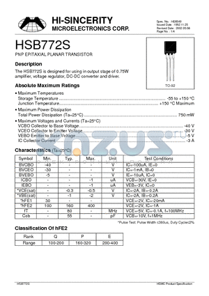 HSB772S datasheet - PNP EPITAXIAL PLANAR TRANSISTOR
