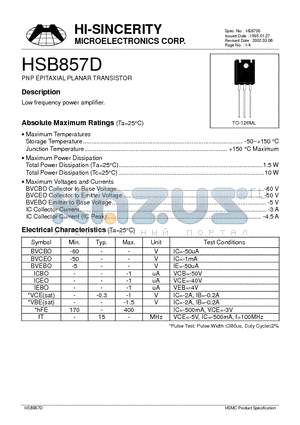 HSB857D datasheet - PNP EPITAXIAL PLANAR TRANSISTOR