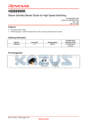 HSB88WK datasheet - Silicon Schottky Barrier Diode for High Speed Switching