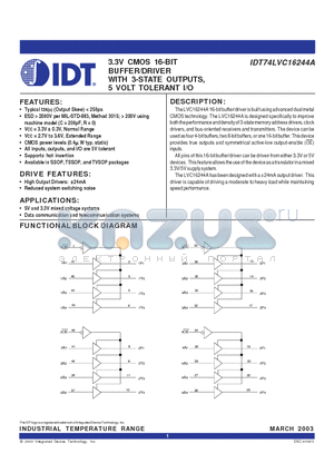 IDT74VC16244A datasheet - 3.3V CMOS 16-BIT BUFFER/DRIVER WITH 3-STATE OUTPUTS, 5 VOLT TOLERANT I/O