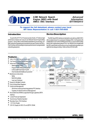 IDT75K52413 datasheet - 4.5M Network Search Engine (NSE) with Quad AMCC XSC Interface