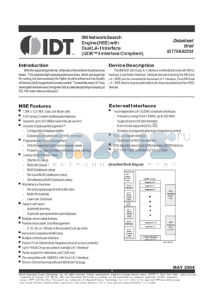 IDT75K62234 datasheet - 9M Network Search Engine (NSE) with Dual LA-1 Interface (QDR II Interface Compliant)
