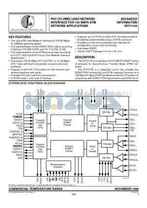 IDT77155 datasheet - PHY (TC-PMD) USER NETWORK INTERFACE FOR 155 MBPS ATM NETWORK APPLICATIONS