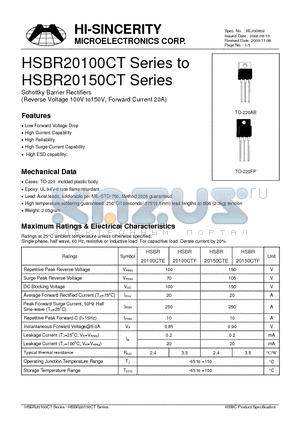 HSBR20100CT datasheet - Schottky Barrier Rectifiers (Reverse Voltage 100V to150V, Forward Current 20A)
