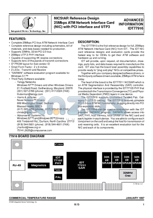 IDT77916 datasheet - NICStAR Reference Design 25Mbps ATM Network Interface Card NIC with PCI interface and UTP3