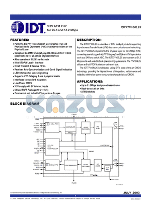 IDT77V106L200TFI datasheet - 3.3V ATM PHY for 25.6 and 51.2 Mbps