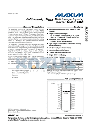 MAX1302AEUG+ datasheet - 8-Channel, aVREF Multirange Inputs,Serial 16-Bit ADC