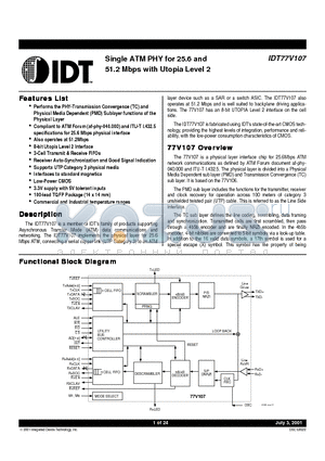 IDT77V107L25PF datasheet - Single ATM PHY for 25.6 and 51.2 Mbps with Utopia Level 2