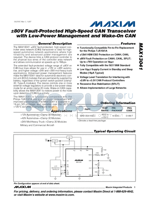 MAX13041ASD+ datasheet - a80V Fault-Protected High-Speed CAN Transceiver with Low-Power Management and Wake-On CAN