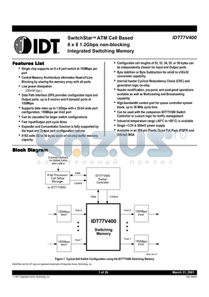 IDT77V400 datasheet - SwitchStarTM ATM Cell Based 8 x 8 1.2Gbps non-blocking Integrated Switching Memory