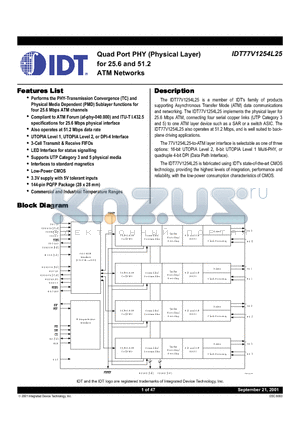 IDT77V1254L25L25PGI datasheet - Quad Port PHY (Physical Layer) for 25.6 and 51.2 ATM Networks