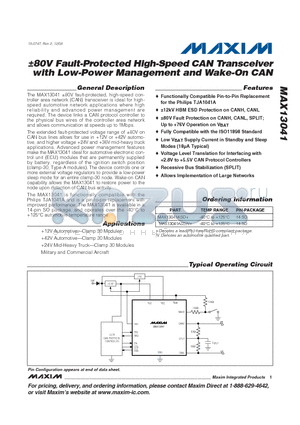 MAX13041ASD/V+ datasheet - a80V Fault-Protected High-Speed CAN Transceiver with Low-Power Management and Wake-On CAN