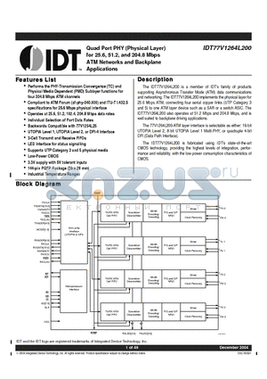 IDT77V1264L200 datasheet - Quad Port PHY (Physical Layer) for 25.6, 51.2, and 204.8 Mbps ATM Networks and Backplane Applications