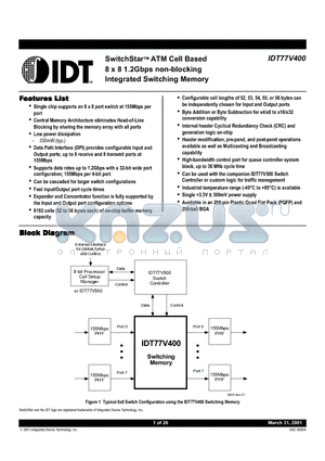 IDT77V400S156DS1 datasheet - SwitchStarTM ATM Cell Based 8 x 8 1.2Gbps non-blocking Integrated Switching Memory