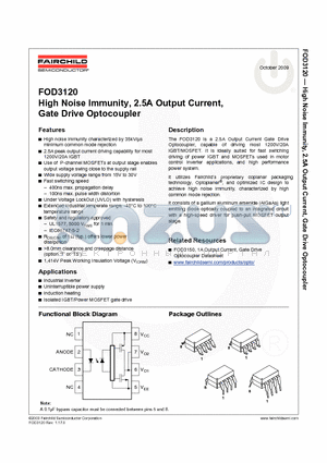 FOD3120TSR2V datasheet - High Noise Immunity, 2.5A Output Current, Gate Drive Optocoupler