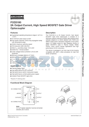 FOD3180 datasheet - 2A Output Current, High Speed MOSFET Gate Driver Optocoupler