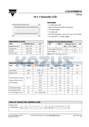 LCD-016M001A datasheet - 16 x 1 Character LCD