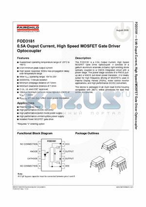FOD3181 datasheet - 0.5A Ouput Current, High Speed MOSFET Gate Driver Optocoupler