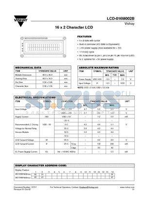 LCD-016M002B datasheet - 16 x 2 Character LCD