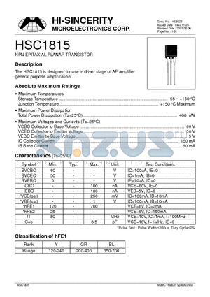 HSC1815 datasheet - NPN EPITAXIAL PLANAR TRANSISTOR
