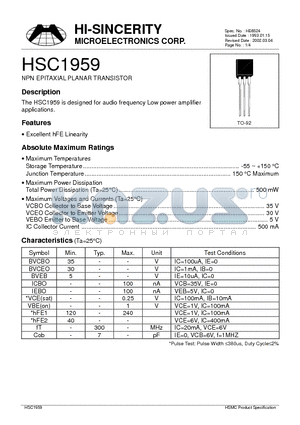 HSC1959 datasheet - NPN EPITAXIAL PLANAR TRANSISTOR