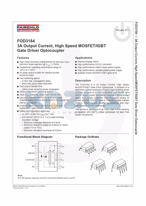 FOD3184 datasheet - 3A Output Current, High Speed MOSFET/IGBT Gate Driver Optocoupler