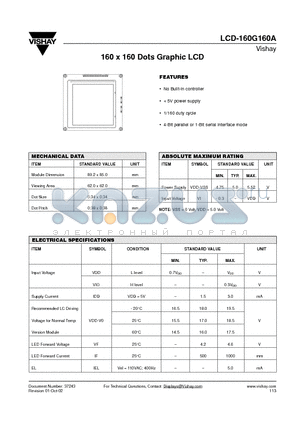LCD-160G160A datasheet - 160 x 160 Dots Graphic LCD