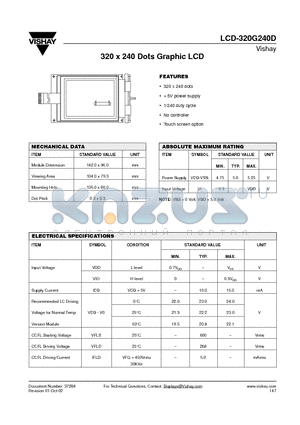 LCD-320G240D datasheet - 320 X 240 Dots Graphic LCD