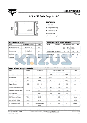 LCD-320G240D datasheet - 320 x 240 Dots Graphic LCD