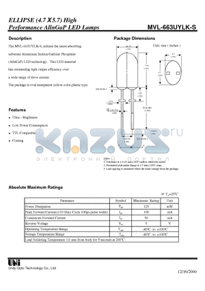 MVL-663UYLK-S datasheet - ELLIPSE (4.7 X 5.7) High Performance AllnGaP LED Lamps