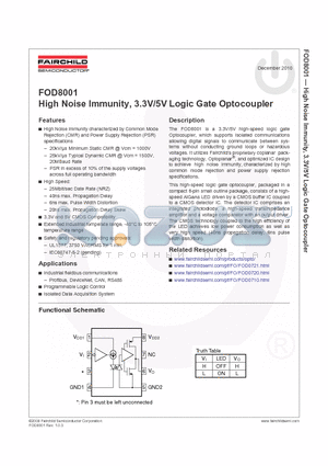 FOD8001 datasheet - High Noise Immunity, 3.3V/5V Logic Gate Optocoupler