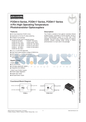 FOD814SD datasheet - 4-Pin High Operating Temperature Phototransistor Optocouplers