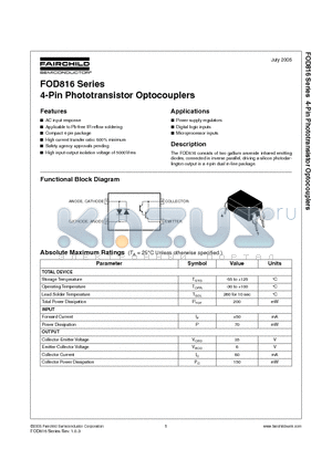 FOD816SD datasheet - 4-Pin Phototransistor Optocouplers