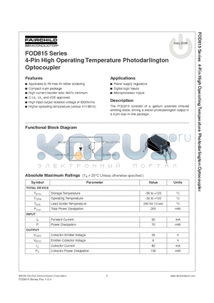 FOD815 datasheet - 4-Pin High Operating Temperature Photodarlington Optocoupler