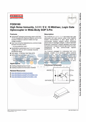FOD8160 datasheet - High Noise Immunity, 3.3 V / 5 V, 10 Mbit/sec, Logic Gate Optocoupler in Wide-Body SOP 5-Pin