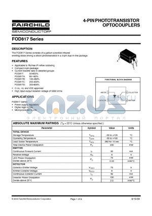 FOD817A datasheet - 4-PIN PHOTOTRANSISTOR OPTOCOUPLERS