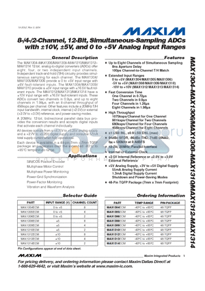 MAX1313 datasheet - 8-/4-/2-Channel, 12-Bit, Simultaneous-Sampling ADCs with a10V, a5V, and 0 to 5V Analog Input Ranges