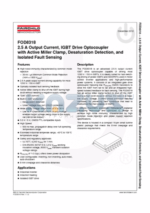 FOD8318 datasheet - 2.5 A Output Current, IGBT Drive Optocoupler with Active Miller Clamp, Desaturation Detection, and Isolated Fault Sensing