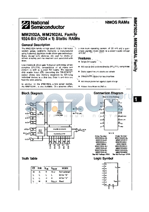 MM2102AJ-2L datasheet - 1024-Bit (1024 x 1) Static RAMs