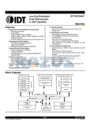 IDT79R4640-100DZI datasheet - Low-Cost Embedded 64-bit RISController w/ DSP Capability