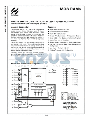 MM2111 datasheet - 1024-bit (256 x 4) static MOS RAM with common  I/O and output disable