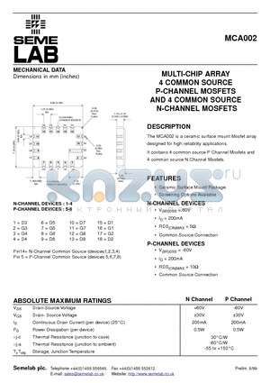 MCA002 datasheet - MULTI-CHIP ARRAY 4 COMMON SOURCE P-CHANNEL MOSFETS AND 4 COMMON SOURCE N-CHANNEL MOSFETS