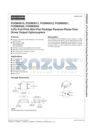 FODM3011 datasheet - 4-Pin Full Pitch Mini-Flat Package Random-Phase Triac Driver Output Optocouplers