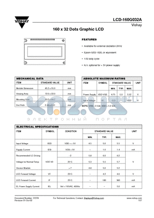 LCD160G032A datasheet - 160 x 32 Dots Graphic LCD