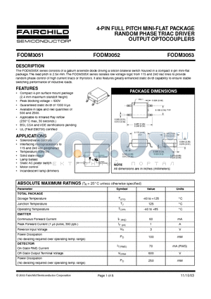 FODM3051 datasheet - 4-PIN FULL PITCH MINI-FLAT PACKAGE RANDOM PHASE TRIAC DRIVER OUTPUT OPTOCOUPLERS