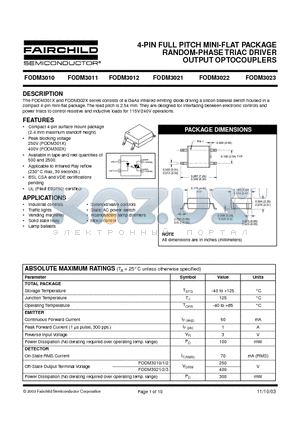 FODM3023 datasheet - 4-PIN FULL PITCH MINI-FLAT PACKAGE RANDOM-PHASE TRIAC DRIVER OUTPUT OPTOCOUPLERS