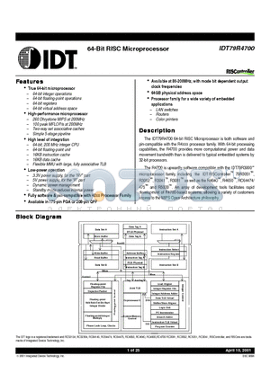 IDT79R4700 datasheet - 64-Bit RISC Microprocessor