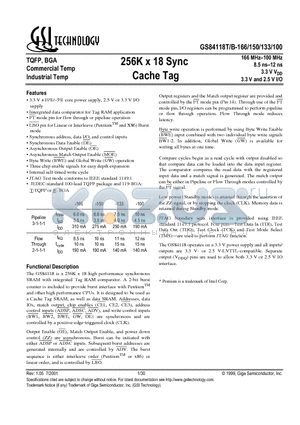 GS84118B-150I datasheet - 256K x 18 Sync Cache Tag