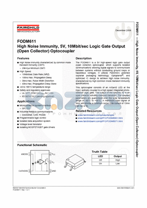 FODM611R2 datasheet - High Noise Immunity, 5V, 10Mbit/sec Logic Gate Output (Open Collector) Optocoupler